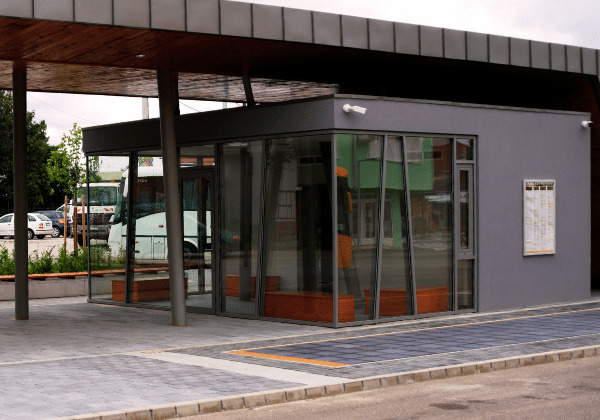 Solar bus stop powered by PLATIO solar pavement. Solar powered AC system for the waiting room.